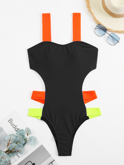 Colorful Strap Cut-Out One Piece Swimsuit