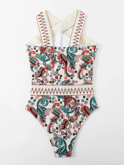 One Piece Swimsuit High Neck Paisley Chevron Stripe Tape Design