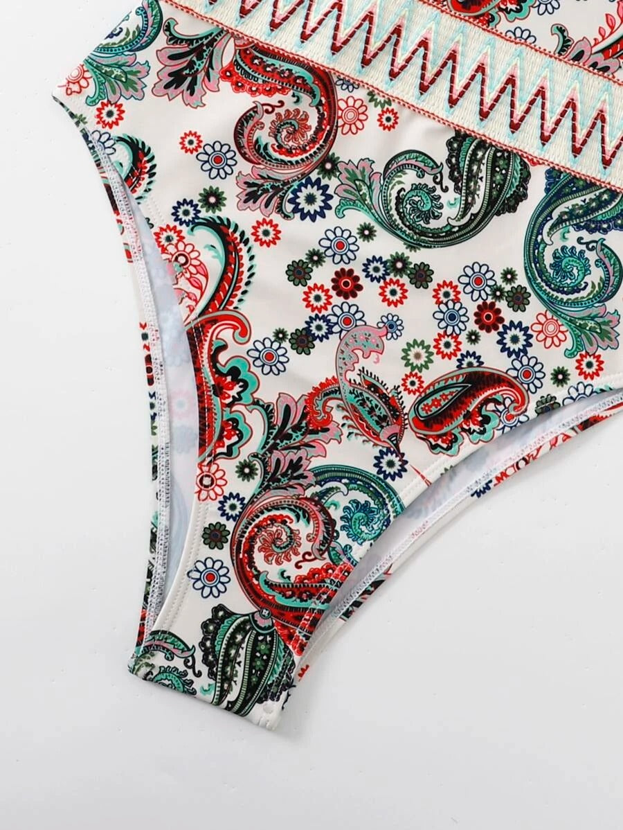 One Piece Swimsuit High Neck Paisley Chevron Stripe Tape Design