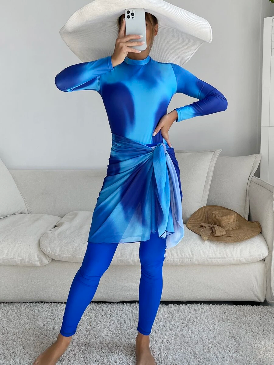 3 Pack Full Body Tie Dye Burkini Swimsuit Set with Long Sleeve, Beach Skirt, and Leggings