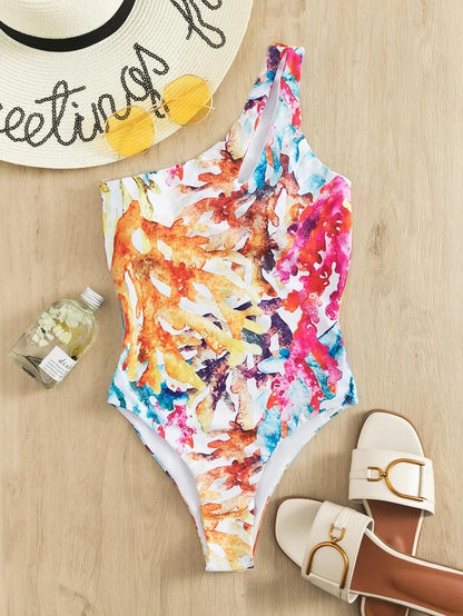 One Piece Swimsuit with Paisley Chevron Stripe Tape High Neck