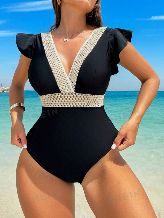 One Piece Women’s Swimsuit - Summer Beach Color Block Cap Sleeve for Vacation